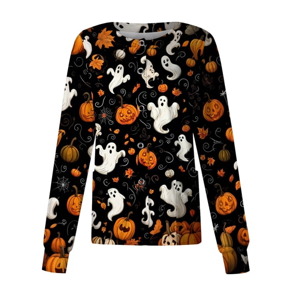 Domzest Womens Halloween Scrub Top Button Front Pumpkin Ghost Bat Graphic Nurse Uniform Long Sleeve Cute Scrub Top Yellow 2XL