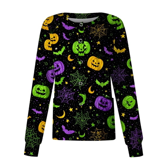 Domzest Womens Halloween Scrub Top Crew Neck Halloween Print Medical Workwear Jacket Button Front Cute Nurse Uniform Green L