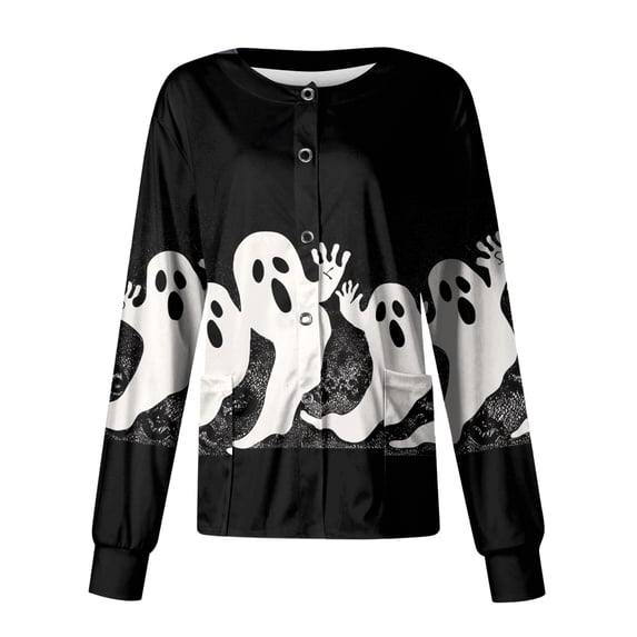 Domzest Womens Halloween Scrub Top Halloween Print Long Sleeve Nurse Uniform Funny Button Front Scrub Top Black S