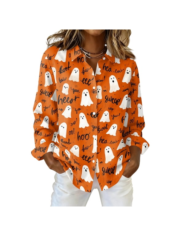 Womens Halloween Shirt Button Down Loose Fit Black Cat Pumpkin Printed Blouse Spider Spooky Bat Graphic Lapel Collared Funny 2026 Costumes Orange 2XL