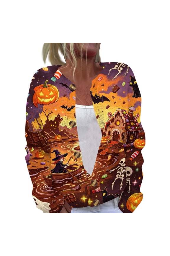 Womens Halloween Sweaters Button Knit Long Sleeve Cardigan Cute Spooky Pumpkin Graphic Fall Winter Sweater Earthy Yellow S