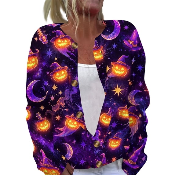 Domzest Womens Halloween Sweaters Button Knit Long Sleeve Outwear Cute Spooky Pumpkin Graphic Fall Winter Cardigan Dark Purple M