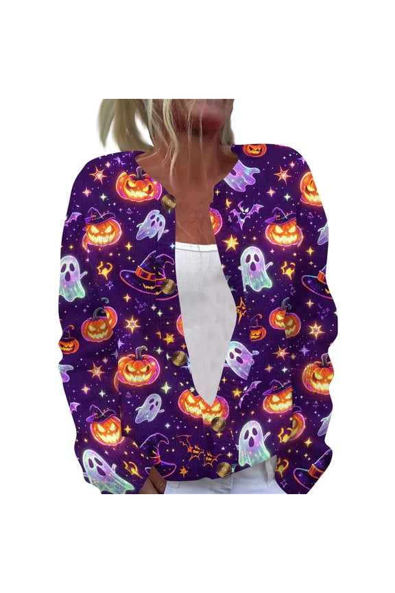 Womens Halloween Sweaters Button Knit Long Sleeve Sweater Funny Pumpkin Ghost Graphic Fall Winter Cardigan Multicolor 3XL