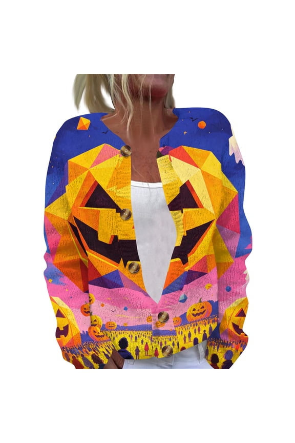 Womens Halloween Sweaters Open Knit Button Cardigan Funny Cute Pumpkin Ghost Graphic Long Sleeve Fall Winter Sweater Saffron 2XL