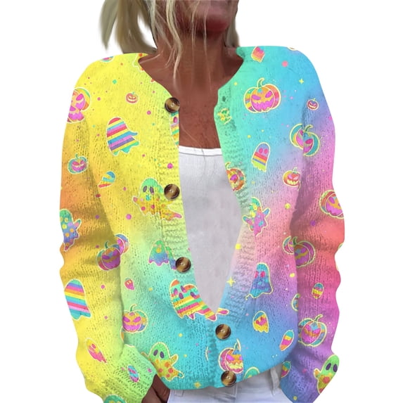 Domzest Womens Halloween Sweaters Open Knit Button Sweater Funny Cute Pumpkin Ghost Graphic Long Sleeve Fall Winter Outwear Blue M