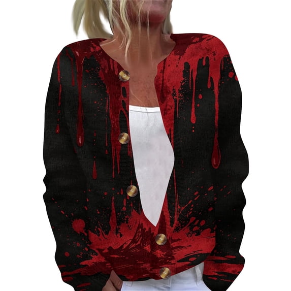 Domzest Womens Halloween Sweaters Open Knit Long Sleeve Button Down Outwear Cute Pumpkin Ghost Graphic Fall Winter Sweater Deep Red 2XL