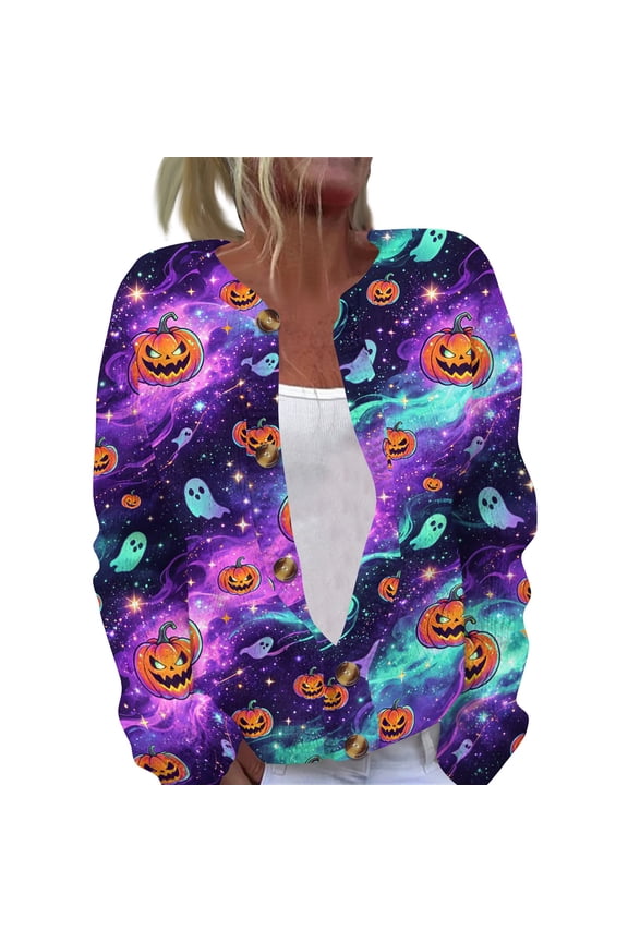 Womens Halloween Sweaters Open Knit Pumpkin Ghost Graphic Outwear Funny Cute Halloween Elements Long Sleeve Fall Winter Cardigan Purple S