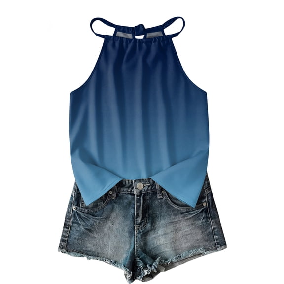 Domzest Womens Halter Tops Back Bow Tie Sleeveless Blouse Casual Loose Fit Gradient Keyhole Back Camisole for Daily Wear Dark Blue XXL