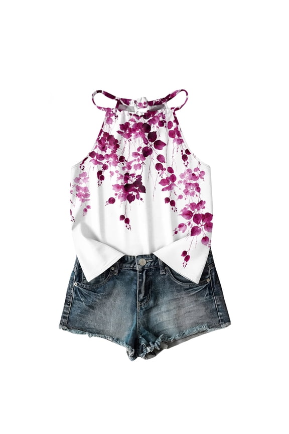 Womens Halter Tops Back Bow Tie Sleeveless Blouse Casual Loose Fit Keyhole Back Bohemian Print Camisole for Daily Wear Purple XXL
