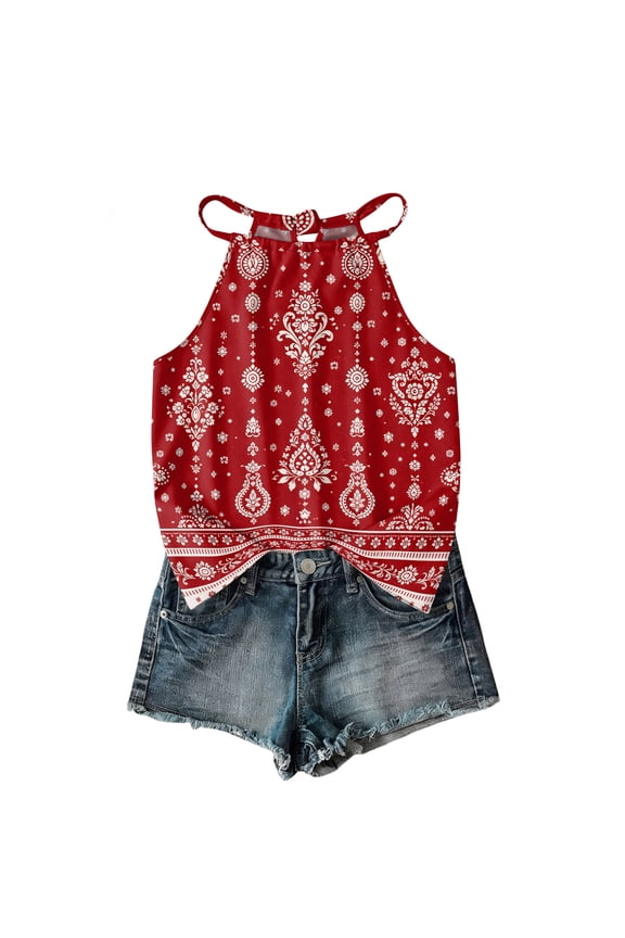 Womens Halter Tops Back Bow Tie Sleeveless Blouse Casual Loose Fit Keyhole Back Bohemian Print Camisole for Daily Wear Red M