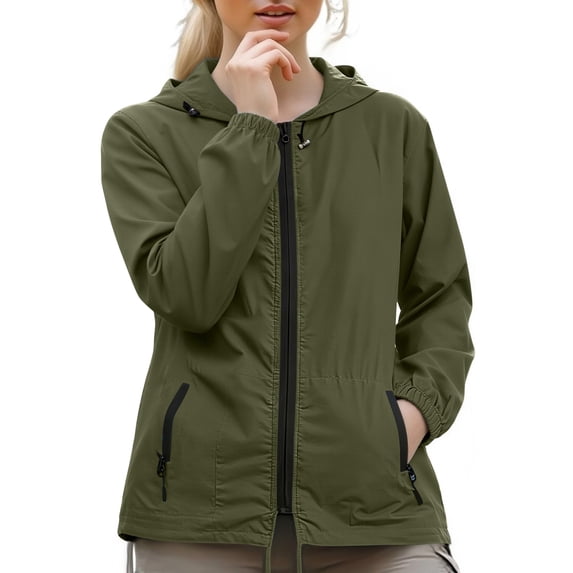 Domzest Womens Hooded Rain Jacket Lightweight Packable Raincoats Full Zip Elastic Cuff with Zipper Pocket Hiking Travel Windbreaker Army Green M