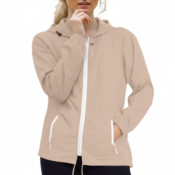 Domzest Womens Hooded Rain Jacket Lightweight Packable Raincoats Full Zip Elastic Cuff with Zipper Pocket Hiking Travel Windbreaker Beige M