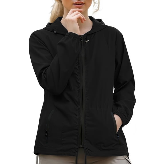 Domzest Womens Hooded Rain Jacket Lightweight Packable Raincoats Full Zip Elastic Cuff with Zipper Pocket Hiking Travel Windbreaker Black M