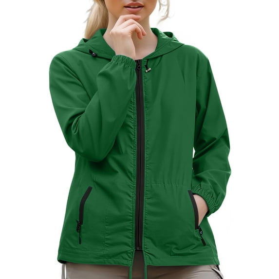Domzest Womens Hooded Rain Jacket Lightweight Packable Raincoats Full Zip Elastic Cuff with Zipper Pocket Hiking Travel Windbreaker Dark Green XXL