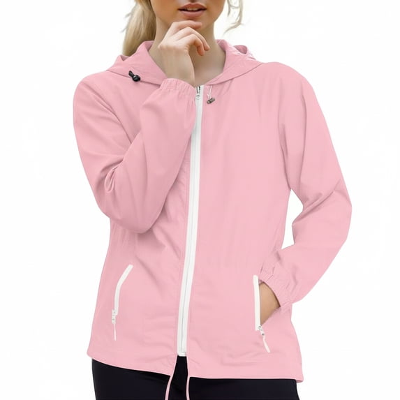 Domzest Womens Hooded Rain Jacket Lightweight Packable Raincoats Full Zip Elastic Cuff with Zipper Pocket Hiking Travel Windbreaker Pink XXL