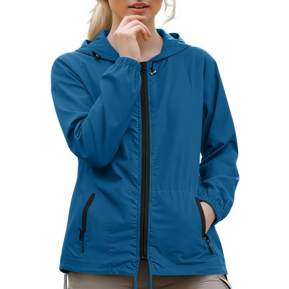 Domzest Womens Hooded Rain Jacket Lightweight Packable Raincoats Full Zip Elastic Cuff with Zipper Pocket Hiking Travel Windbreaker Royal Blue XL
