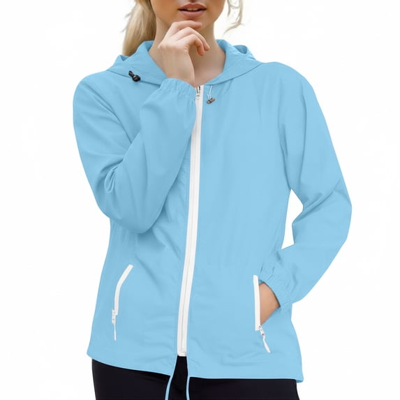 Domzest Womens Hooded Rain Jacket Lightweight Packable Raincoats Full Zip Elastic Cuff with Zipper Pocket Hiking Travel Windbreaker Sky Blue L