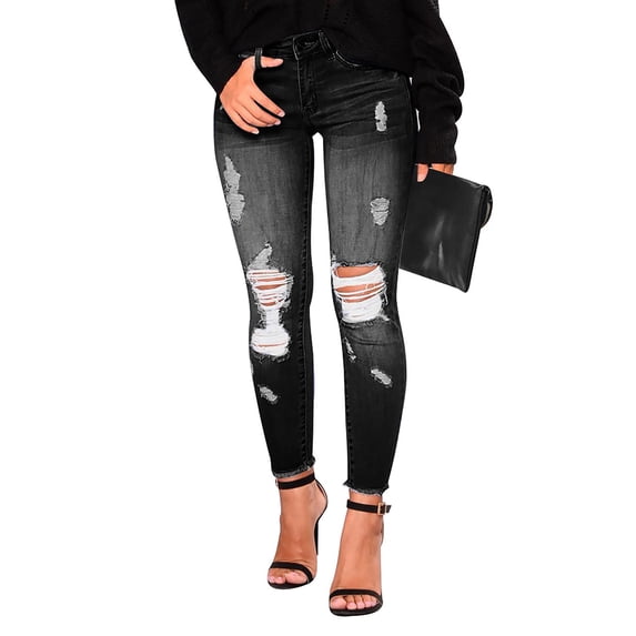 Domzest Womens Jeans Mid Waisted Stretch Ripped Distressed Tummy Control Straight Ankle Jean for Women Trendy 2024 Black XL