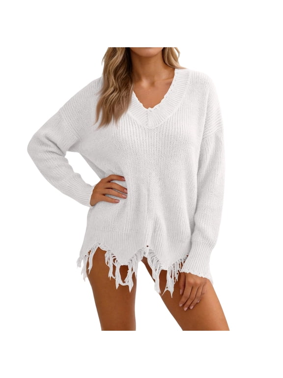 Womens Kint Sweater V Neck Off Shoulder / Drop Shoulder Pullover Long Sleeve Asymmetrical Distressed Hem Sweater 2026 Fall Soft Pullover Blouse White L