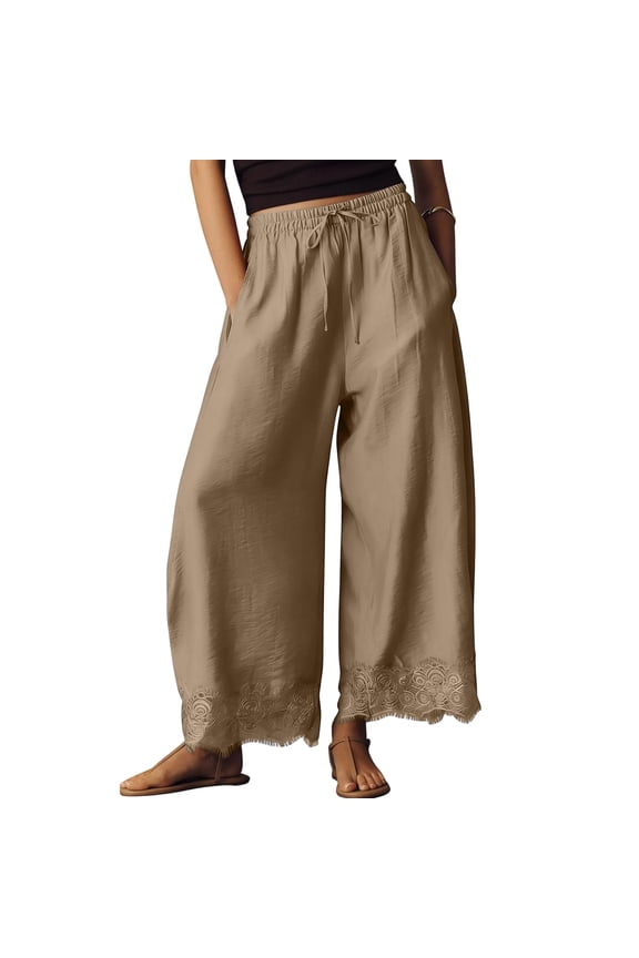 Womens Lace Trim Wide Leg Pants Drawstring Elastic High Waisted Flowy Pants 2026 Casual Lightweight Trousers with Pockets Camel XXL