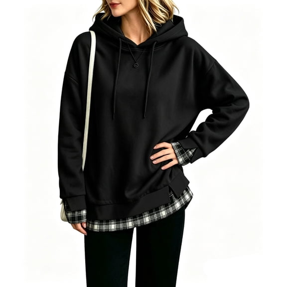Domzest Layered Hoodies Sweatshirt for Women Plaid Patchwork 2 In 1 Hooded Pullover Fall Winter Side Slit Loose Fit Sweatshirts Black S