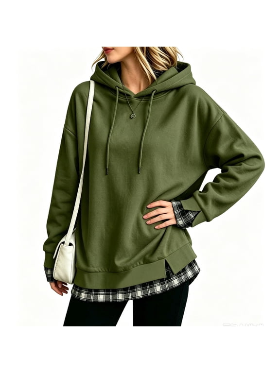 Layered Hoodies Sweatshirt for Women Plaid Patchwork 2 In 1 Hooded Pullover Fall Winter Side Slit Loose Fit Sweatshirts Green 2XL