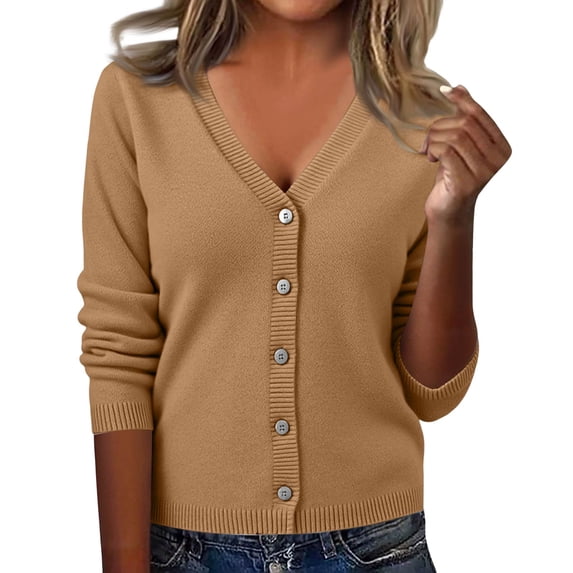 Domzest Womens Lightweight Cardigan V Neck Button Down Long Sleeve Knit Sweater Fall Casual Soft Basic Knit Cardigan Sweater Camel M