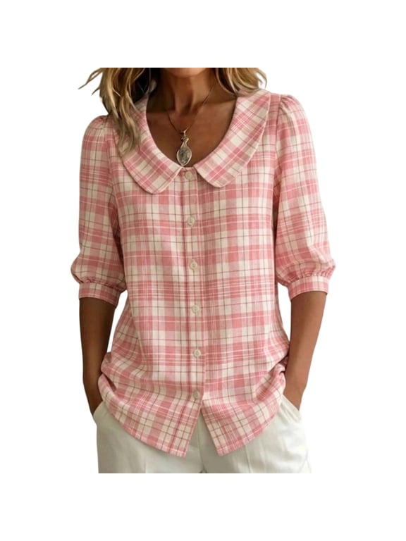 Womens Linen Blend Tops Plaid Button Up Puff Cuff Blouse Peter Pan Collar Half Sleeve Loose Fit Summer Casual Tunic Top Pink XL