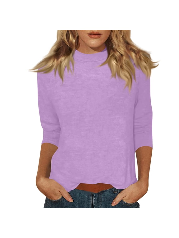 Womens Mock Neck 3/4 Sleeve Solid Color T Shirts Soft Stretch Basic Casual Tees Slim Fit Everyday Wear Tops for Women Light Purple S
