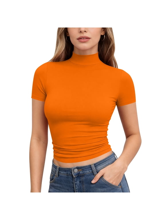 Womens Mock Neck Short Sleeve T Shirt Slim Fit Stretchy Basic Tee Soft Breathable Solid Color Casual Crop Top Layering Base Shirt Orange XL