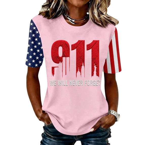 Domzest Womens Never Forget Patriotic T-Shirt 9/11 25th Anniversary Shirt Short Sleeve Crew Neck USA Flag Graphic Tee Pink XL