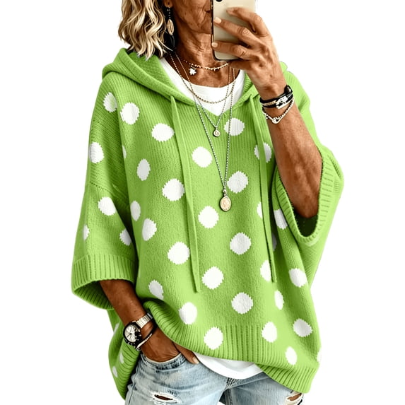 Domzest Womens Oversized Hooded Knit Sweater V Neck 3/4 Sleeve Drawstring Hoodies 2026 Fall Casual Lightweight Pullover Sweater Plus Size Green 3XL