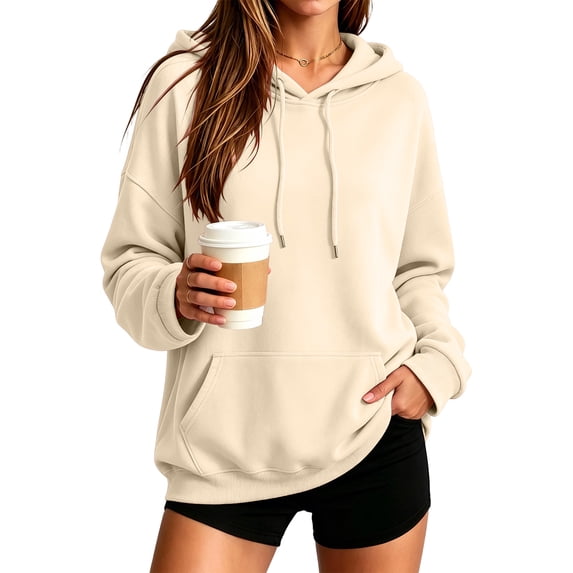 Domzest Womens Oversized Hoodies Long Sleeve Loose Hooded Sweatshirt 2026 Fall Winter Trendy Pullover Sweatshirt Beige S
