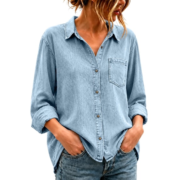 Domzest Womens Oversized Long Sleeve Denim Shirt Collared Button Down ...