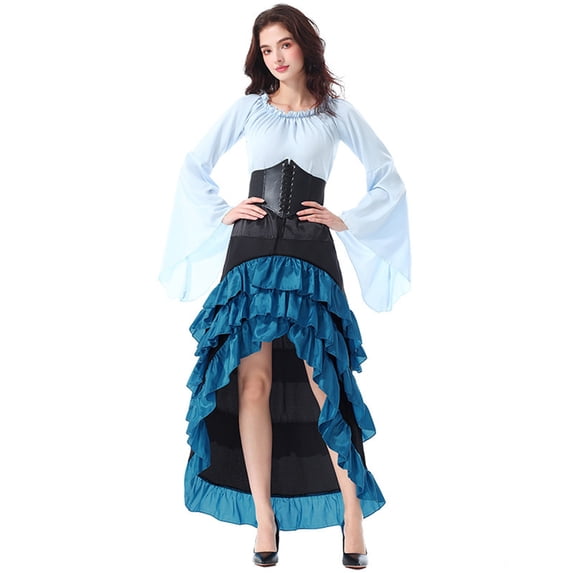 Domzest Womens Pirate Costume Including Corset, Skirt and Waist Belt, Renaissance Style Dress Blue L