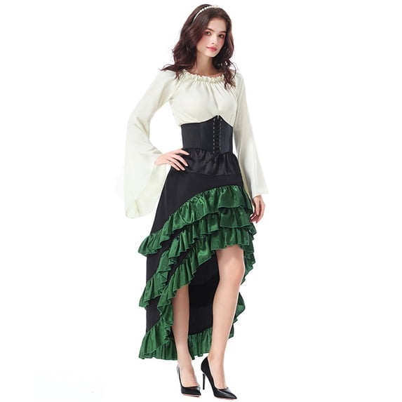 Domzest Womens Pirate Costume Including Corset, Skirt and Waist Belt, Renaissance Style Dress Green L