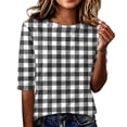 thumbnail image 1 of Domzest Womens Plaid Half Sleeve Tops Crew Neck Elbow Length Loose Fit Shirts Dressy Casual Summer Fall Lightweight Basic Blouse Black L, 1 of 6