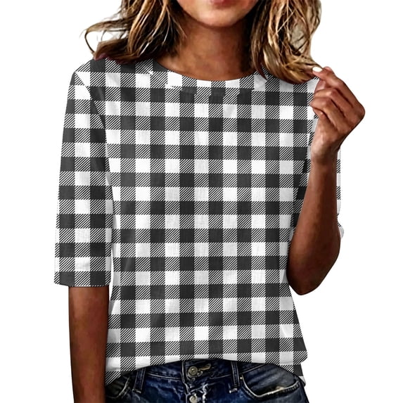 Domzest Womens Plaid Half Sleeve Tops Crew Neck Elbow Length Loose Fit Shirts Dressy Casual Summer Fall Lightweight Basic Blouse Black L