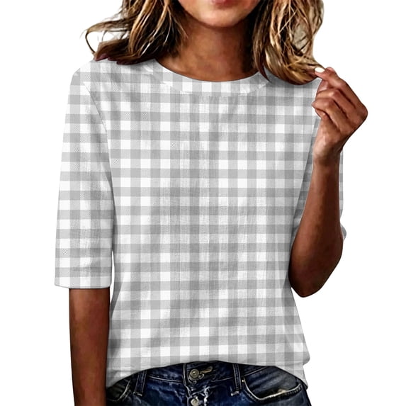 Domzest Womens Plaid Half Sleeve Tops Crew Neck Elbow Length Loose Fit Shirts Dressy Casual Summer Fall Lightweight Basic Blouse Gray L