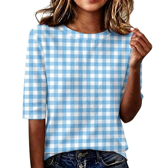Domzest Womens Plaid Half Sleeve Tops Crew Neck Elbow Length Loose Fit Shirts Dressy Casual Summer Fall Lightweight Basic Blouse Sky Blue L