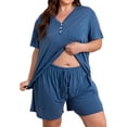 thumbnail image 1 of Domzest Womens Plus Size Short Pajama Sets V Neck Button Up Top & Drawstring Elastic Waist Shorts with Pockets 2026 Summer Loose Fit Sleepwear Sets Blue L, 1 of 7