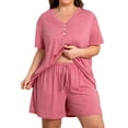 thumbnail image 1 of Domzest Womens Plus Size Short Pajama Sets V Neck Button Up Top & Drawstring Elastic Waist Shorts with Pockets 2026 Summer Loose Fit Sleepwear Sets Pink 2XL, 1 of 7