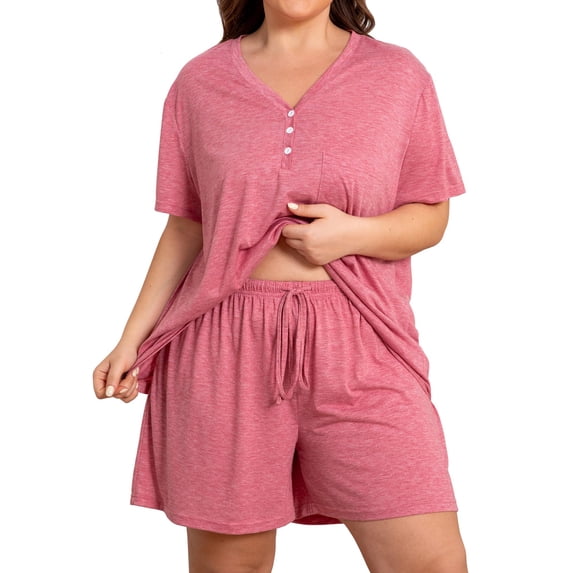 Domzest Womens Plus Size Short Pajama Sets V Neck Button Up Top & Drawstring Elastic Waist Shorts with Pockets 2026 Summer Loose Fit Sleepwear Sets Pink 2XL