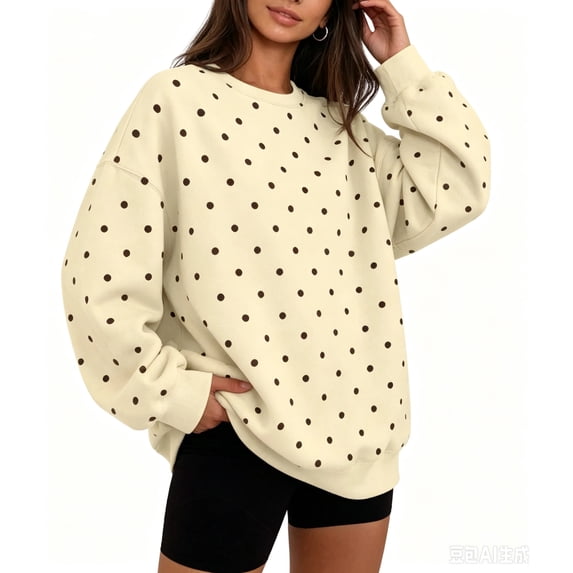 Domzest Womens Polka Dot Sweatshirt Drop Shoulder Crew Neck Long Sleeve Pullover Top 2026 Fall Winter Trendy Fleece Sweatshirts