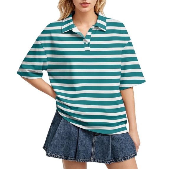 Domzest Womens Polo Shirts Short Sleeve Striped Button Lapel Collared Tops Oversized Business Casual Basic Tees Dark Green XL