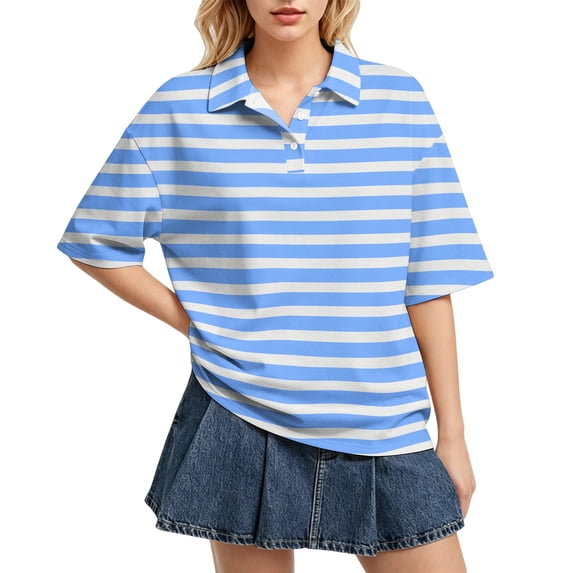 Domzest Womens Polo Shirts Short Sleeve Striped Button Lapel Collared Tops Oversized Business Casual Basic Tees Light Blue XL