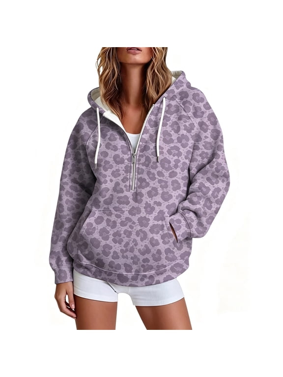 Womens Quarter Zip Hoodies Leopard Print Hooded Pullover Top 2026 Trendy Casual Long Sleeve Sweatshirts