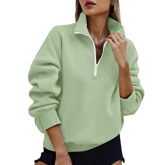 Domzest Womens Quarter Zip Pullover Long Sleeve Oversized Fleece Sweatshirts Trendy Collared Pullover Tops Daily Outfits Light Green M