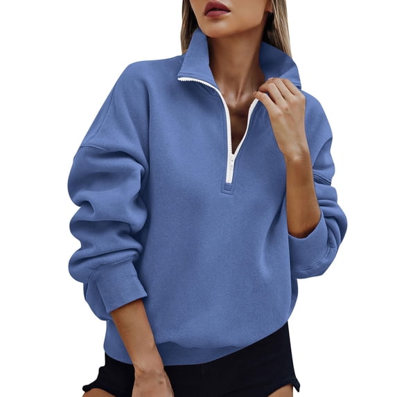 Domzest Womens Quarter Zip Pullover Long Sleeve Oversized Fleece Sweatshirts Trendy Collared Pullover Tops Daily Outfits Royal Blue 2XL