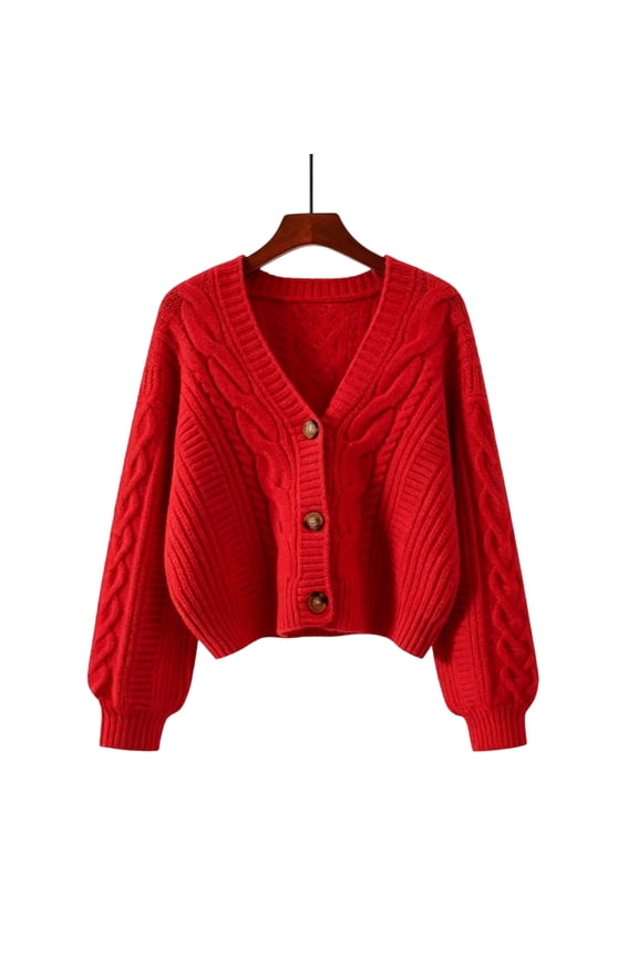 Womens Retro Button Front Cardigan Sweater Long Sleeve V Neck Knitwear Button Down Loose Chunky Kint Sweater Red 2XL